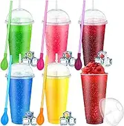 Ninehaoou 6 Set Slushie Cups with Dome Lids and Straws Detachable Spoon Straws Reusable Plastic Iced Coffee Cups Smoothie Tumbler for Birthdays Summer Party Supplies(Clear,24 oz)