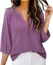 [Generic] Womens T Shirts Pack V Neck 3/4 Sleeve Tops Fashion Boho Chiffon Button Down Shirts