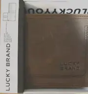 New Lucky Brand Bifold Passcase Wallet Mens Genuine Leather Brown RFID Block NWT
