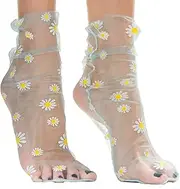 [AVIAN LEGS] Pale Blue Translucent Daisy Socks Women Fashion Sheer Socks - See Through Mesh Socks for Women - Floral Tulle Socks, Blue, 5-8
