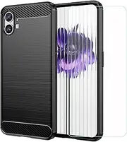 FZYM Case for Nothing Phone 1 + Screen Protector Tempered Glass Protective Film,Black Carbon Fiber Shell Soft Silicone TPU Phone Case Cover for Nothing Phone 1 (6.55")