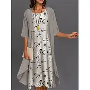 Women's Graduation Dress Midi Dress Two Piece Dress Set Dress Set Casual Dress Print Dress Elegant Fashion Floral Print 3/4 Length Sleeve Crew Neck Outdoor Dai