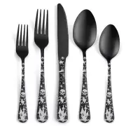Skull Silverware Set SANLUNS 40 Piece Matte Black Unique Flatware Set for 8,S...