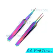 2 Pcs Multi Rainbow Color Eyelash Extension Tweezers X Type + A Type Straight