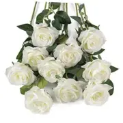 10pcs White Silk Roses Artificial Rose Flowers Long Stem for DIY X-white