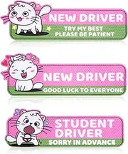 3pcs Magnetic Student Driver Stickers, Cat Novice Driver Adhesive Style Reflective New Driver Stickers Novice Driver Logo for New Student Learner Drivers