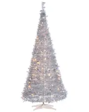 Sterling Tree Company 6ft High Pop Up Pre-Lit Silver Tinsel Tree With Holy Leaves