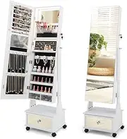 CHARMAID Jewelry Armoire with Full Length Mirror, 3-Color LED Lights, Lockable Jewelry Cabinet with Wheels, Storage Drawers, Rolling Jewelry Organizer Floor Standing, Gift Idea (White)