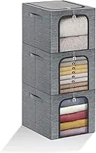 31L Clothes Storage Bags, 3 Pack Foldable Storage Bins Box with Metal Frame, Thick Stackable Closet Organizers Container Set with Handles Clear Window Grey