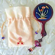Korean traditional Silk embroidered hand held Vanity Mirror Wood frame handmade