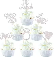 SYKYCTCY 36 Pack He Asked She Said Yes Cupcake Toppers Glitter Love Heart I do Ring Bridal Shower Cake Food Picks Decorations for Wedding Engagement Theme Party Supplies Silver