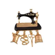 Brooch Sewing Machine Black Enamel with Dangle Thread Scissors Thimble & Tape