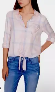 NWT $79 sanctuary 100% Rayon Pink Blue Plaid Front Knot Shirts Top Sz XS