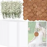 Yeaqee Wedding Invitations Wraps Set, 50 Pre Folded Vellum Jackets for 5 x 7 Invitations 100 White Natural Dried Babys Breath Flowers 50 Self Adhesive Wax Seal Stickers for Wedding Baby Shower Party