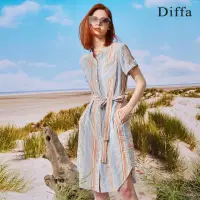 在飛比找momo購物網優惠-【Diffa】桔藍條緹花連身洋裝-女