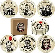 Horror Halloween Decor for Kitchen and Home-Spooky Movie Stone&Cork Coasters for Coffee Table,Drinks-6 Pcs Scary Killer Coaster Set with Holder-Scream Themed Gift & Party Decorations.