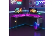 Advwin L Shaped LED Gaming Desk with Power Outlets & Monitor Stand Computer Desk Black