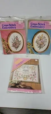 1973 COLUMBIA MINERVA CROSS STITCH KITs LOT OF 3 NEW 6519 roses 6520 and 6508
