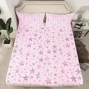 Homemissing Kids Fitted Sheets Double Size Star Pink Star Pattern Fitted Sheets Kawaii Cartoon Star Print Fitted Sheets No Glitter Starry Sky Bed Sheets Cute Girl Boys Bed Sheets Set