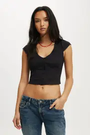 [Cotton On Women] Cotton On Women - Cap Sleeve Button Through Shirt - Black 12 BLACK