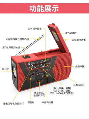 戶外手電筒太陽能手搖收音機家庭應急物資儲備包消防防災燈多功能