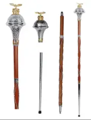 Drum Major Mace Chrome Plated Embossed Head With Golden Eagle and Crown 3 Parts