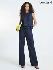 River Island Blue Dark Wide Leg Tie Front Jeans (H53843) | $118