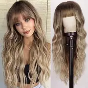 Lativ Blonde Wig With Bangs Long Wavy Curly Ombre Wig with Dark Root Synthetic Heat Resistant Wigs for Women Daily Party Use 26 Inches