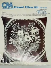 Columbia Minerva WHITE on BROWN FLORAL Crewel PILLOW KIT 7162 Sealed