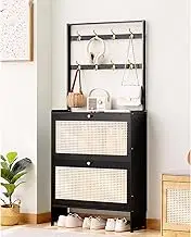 Rattan Shoe Cabinet with Hooks, Entryway Cabinet Bamboo Shoe Rack with 2/3 Flip Drawers, Free Standing Shoe Storage Cabinet for Living Room, Hallway, Bedroom,C,70 * 17 * 152cm