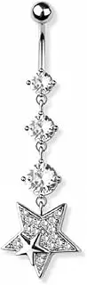 [Pierced Owl] 14GA 316L Stainless Steel Triple CZ Crystal and Star Dangling Belly Button Ring