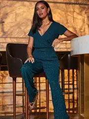 Sosandar Green Sparkle Wrap Front Jumpsuit (AV0110) | $196