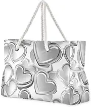 [Yoogain] Silver Valentine Love Sandproof Beach Bags Sandproof with side pocketes Large Bag for beach&work, Silver Valentine Love, 1 size