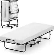 [Giantex] Folding Bed Frame with Mattress, Rollaway Guest Bed with Memory Foam Mattress & Metal Frame, Fold up Sleeper Bed with Lockable Wheels for Living Room, Guest Room, Study, Apartment