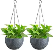 SpringUp 2 Pack 8.3 Inch Hanging Planters for Indoor Outdoor Plants, Trendy Rattan Design Hanging Flower Pots with Drain Holes, Plant Containers for Garden,Home Decoration,Gift (Dark Grey)
