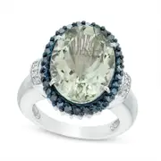Oval Green Quartz and 0.50 CT. T.W. Enhanced Blue and White Natural Diamond Frame Collared Ring in Sterling Silver