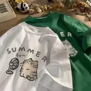 Short-Sleeve Cat Print Loose-Fit Tee White - L