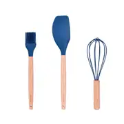 Beechwood & Silicone Kitchen Baking Utensils Set - Spatula/Whisk/Basting Brush - Navy