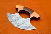 Hand Forged Damascus Steel Alaska Ulu Knife w/ Wooden handle pizza Cutter knife