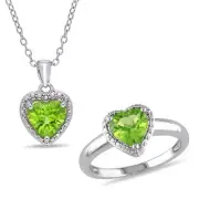 Amour Sterling Silver Peridot Heart Halo Pendant with Chain & Ring Set