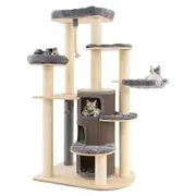 Costway All in 1 Cat Tower Wood Scratching Post Kitty Activity Center Condo House w/Teasing Ball Grey
