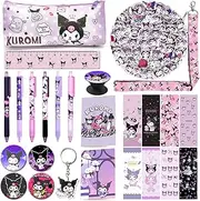 KUROMI School Supplies Gift Set, Including Notebook Pencil Case Pens Stickers Button Pins Lanyard Keychain Ruler Bookmarks Phone Ring Holder