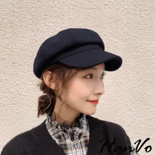 【HanVo】一秒當氣質女神 不挑頭型後鬆緊毛呢貝雷帽 八角帽 報童帽 韓國女生帽子韓系日系韓版 現貨女生配件 8120
