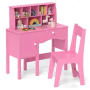 Babyjoy Wooden Children’s Desk & Chair Set Student Wooden Writing Table w/Storage Cabinet Pink