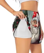 [WURTON] Christmas Traditional Gnome Print Exercise Gym Workout Shorts Women's Athletic Shorts Dual-Layered Yoga Running Shorts