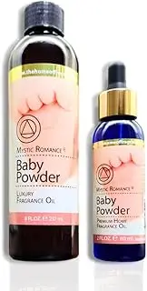 8oz and 2oz Baby Powder Fragrance Oil Set by Mystic Romance (Two Bottles, one with Dropper) for Ultrasonic Diffuser, Oil Burners, and Potpourri (Pack of 2, Baby Powder)