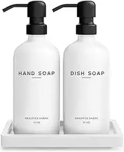 Modern Glass Soap Dispenser Set with Tray by Brighter Barns - Hand and Dish Soap Dispenser for Kitchen Sink - Kitchen Soap Dispenser Set & Pump - Farmhouse Kitchen Decor, Bathroom Decor (White)