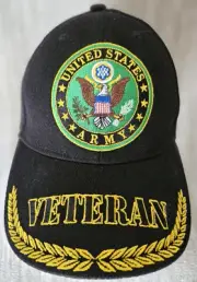 U.S. ARMY VETERAN BLACK HAT ADJUSTABLE SIZE EMBROIDERED Brim, LOGO Patch NWOT *