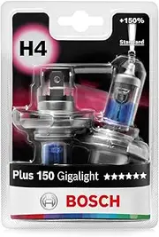 Bosch H4 (472) Plus 150 Gigalight Halogen Headlight Bulbs, 12V 60/55W, 150% more Light - Socket Type P43t - Pack of 2 Replacement Car Light Bulbs
