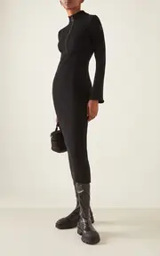 [Moncler] Half-Zip Knit Crepe Midi Dress